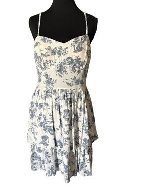 AUM Blue White Toile Print Mini Dress Large Cottagecore Tiered Boho